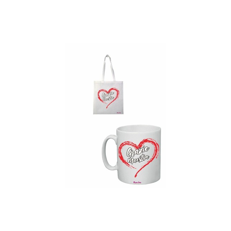 tazza 8x10 + borsa poliestere 36x40 scritta grazie maestra scuola regalo