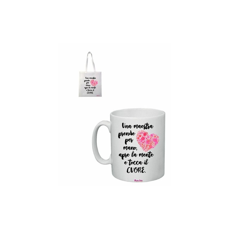 tazza 8x10 + borsa poliestere 36x40 scritta maestra scuola regalo insegnante