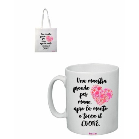 tazza 8x10 + borsa poliestere 36x40 scritta maestra scuola regalo insegnante