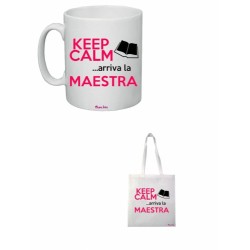 tazza 8x10 e borsa poliestere 36x40 scritta keep calm arriva la maestra scuola