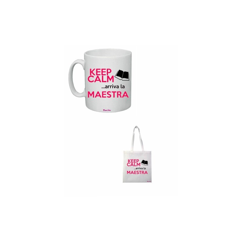 tazza 8x10 e borsa poliestere 36x40 scritta keep calm arriva la maestra scuola