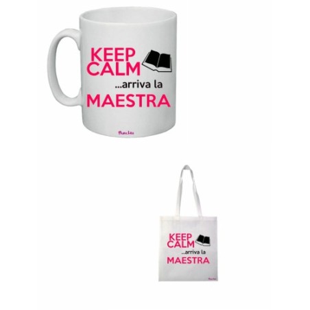 tazza 8x10 e borsa poliestere 36x40 scritta keep calm arriva la maestra scuola