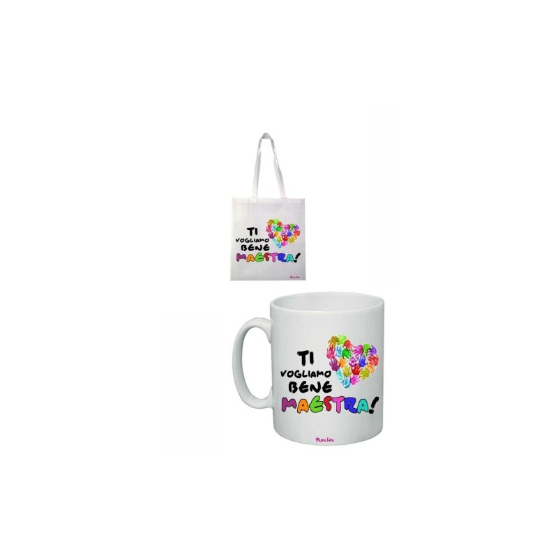 tazza 8x10 e borsa poliestere 36x40 scritta ti vogliamo bene maestra scuola