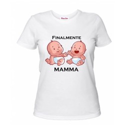 t-shirt donna bianca scritta finalmente mamma festa regalo compleanno gemelli