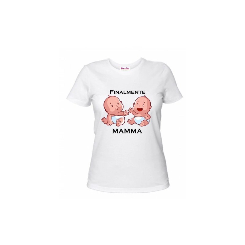 t-shirt donna bianca scritta finalmente mamma festa regalo compleanno gemelli