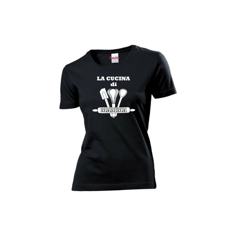 t-shirt donna nera scritta la cucina di mamma festa regalo compleanno