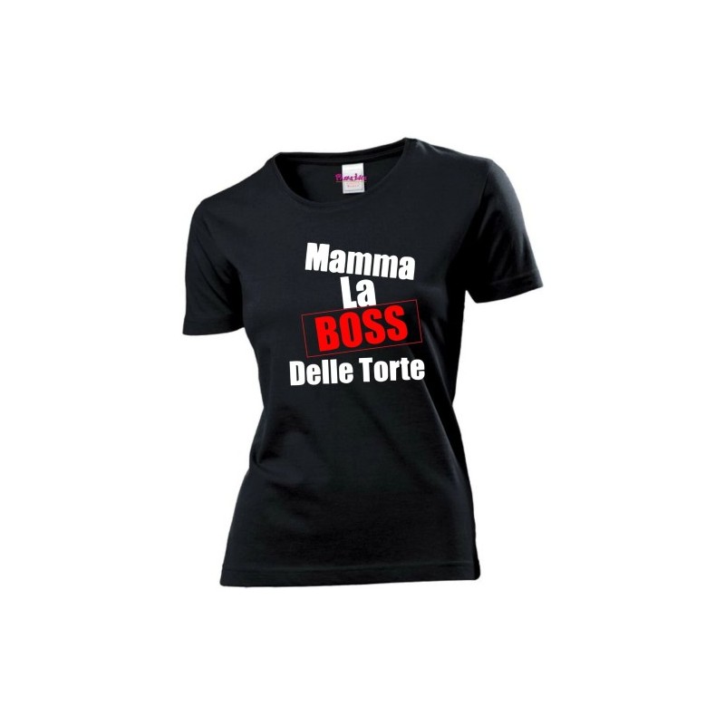 t-shirt donna nera scritta mamma la boss delle torte festa regalo compleanno