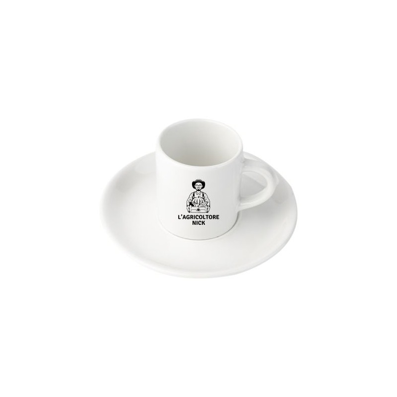 Tazzina da caffè in ceramica, fornita con piattino, capacità 80ml. Fornita in confezione singola in cartoncino.