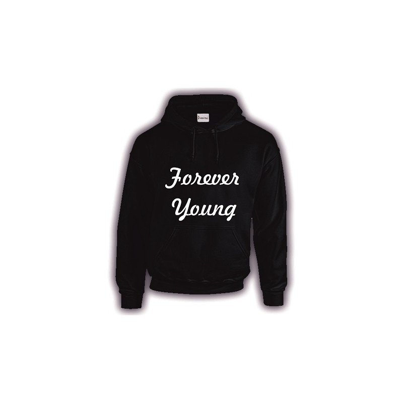 felpa caldo cotone cappuccio scritta forever young