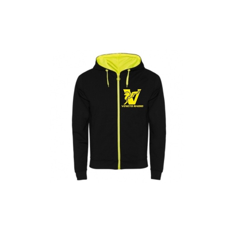 Felpa con cappuccio stampa giallo fluo logo veneto radio fronte e retro